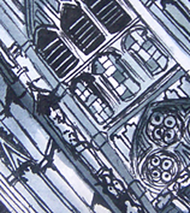 Ink and wash drawing of cathedral architecture, arched windows and a rose window