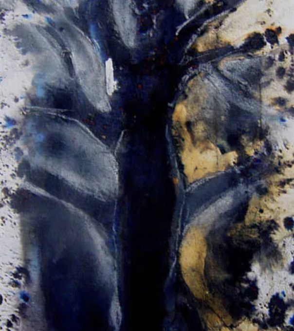 Ink and wash: a tree form in deep indigo against gold