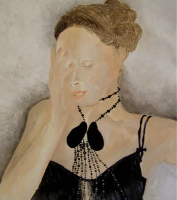 Oil portrait: a woman resting her hand against her face