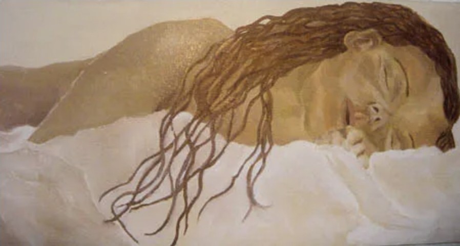 Oil painting: a sleeping woman, her hair spread across white linen