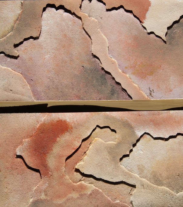 Abstract painting: fissured stone in warm ochres and pinks
