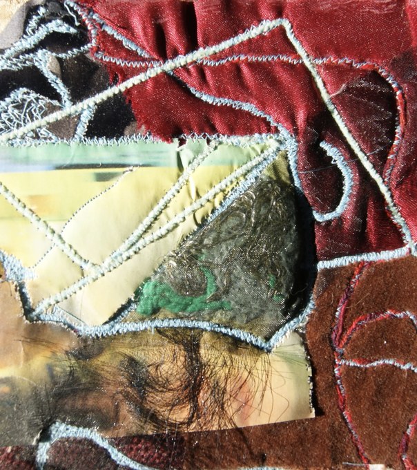 Textile work: red velvet and stitched panels in yellow and green