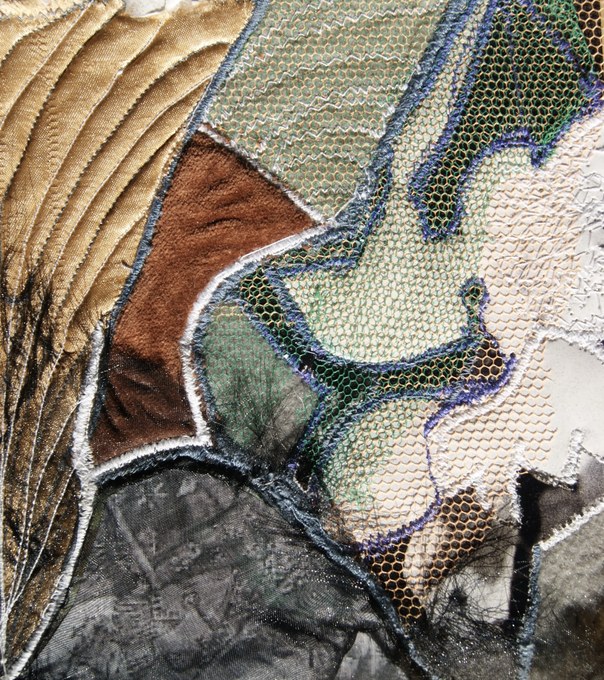 Textile work: layered velvet, gauze and netting with stitched outlines, in gold, brown and green